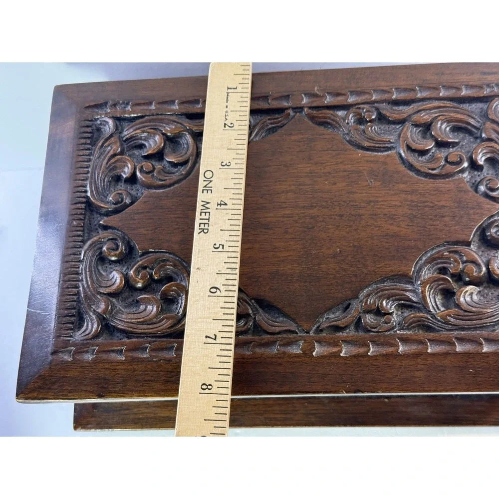 Vintage 1970s Thai Hand Carved Teak Jewelry Box Velvet Lining Tony M. Chiangmai